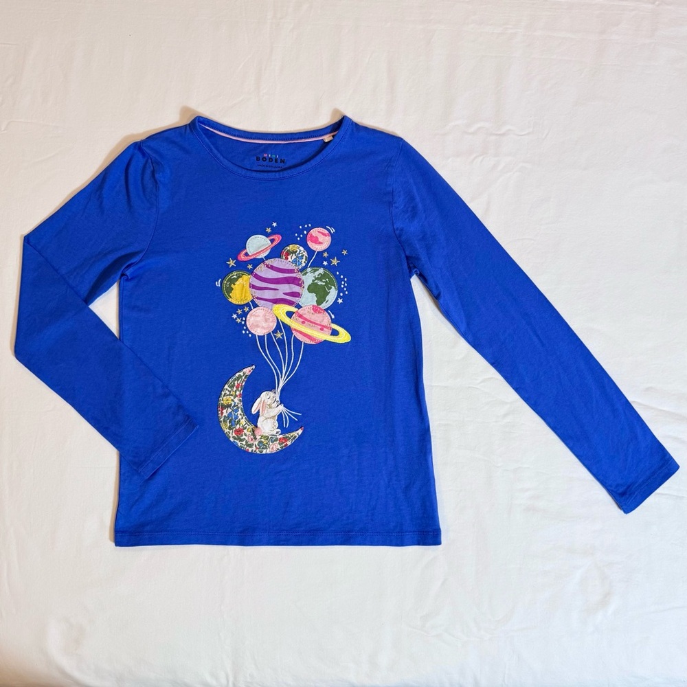 Mini Boden Bunny Applique Tee Girls 10-11 Y Planet Balloons Long Sleeves Spring